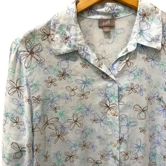 J. Jill Linen Top Size Small Button Front Floral Teal Blouse Long Sleeve - Picture 2 of 6